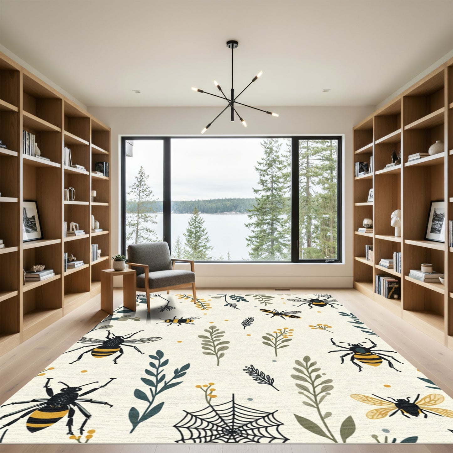 Yellow Black Bee Foliage Spiderweb Cream Rug