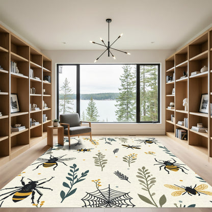 Yellow Black Bee Foliage Spiderweb Cream Rug