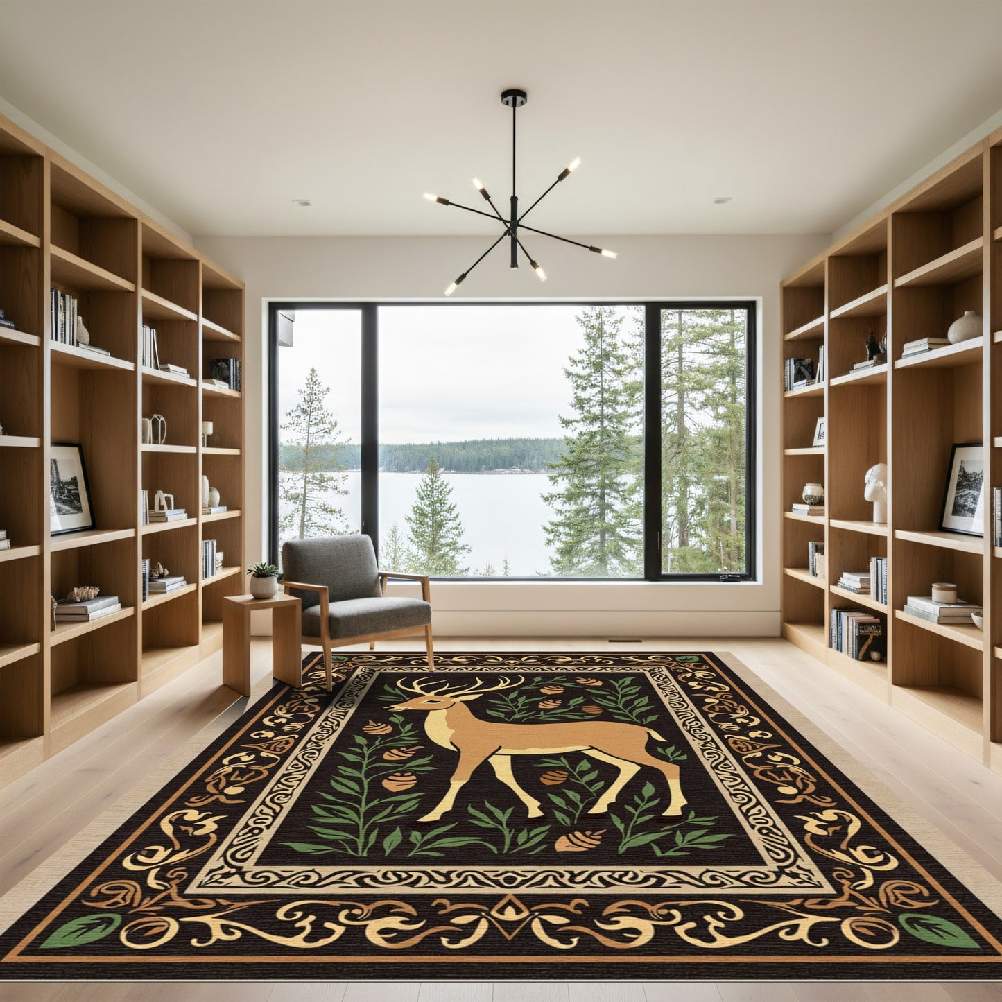 Rustic Deer Floral Border Rug