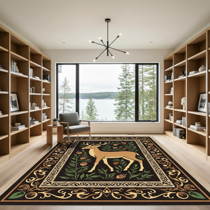 Rustic Deer Floral Border Rug