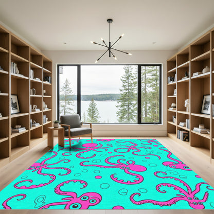 Whimsical Pink Octopus Aqua Background Rug