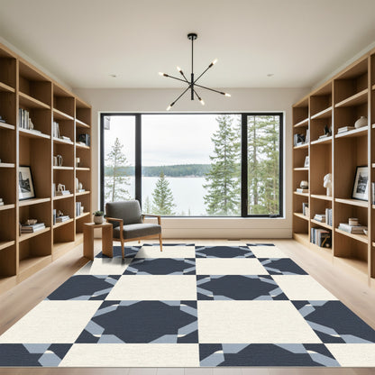 Navy Blue Cream Geometric Overlay Rug