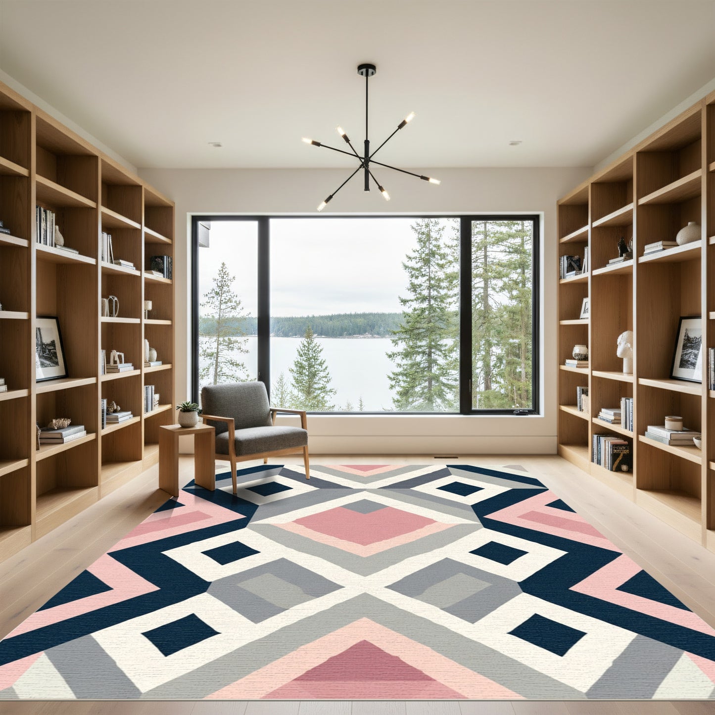 Pink Blue Gray Geometric Diamond Quilt Rug