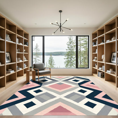 Pink Blue Gray Geometric Diamond Quilt Rug