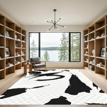 Bold Black Ink Wash Strokes Rug