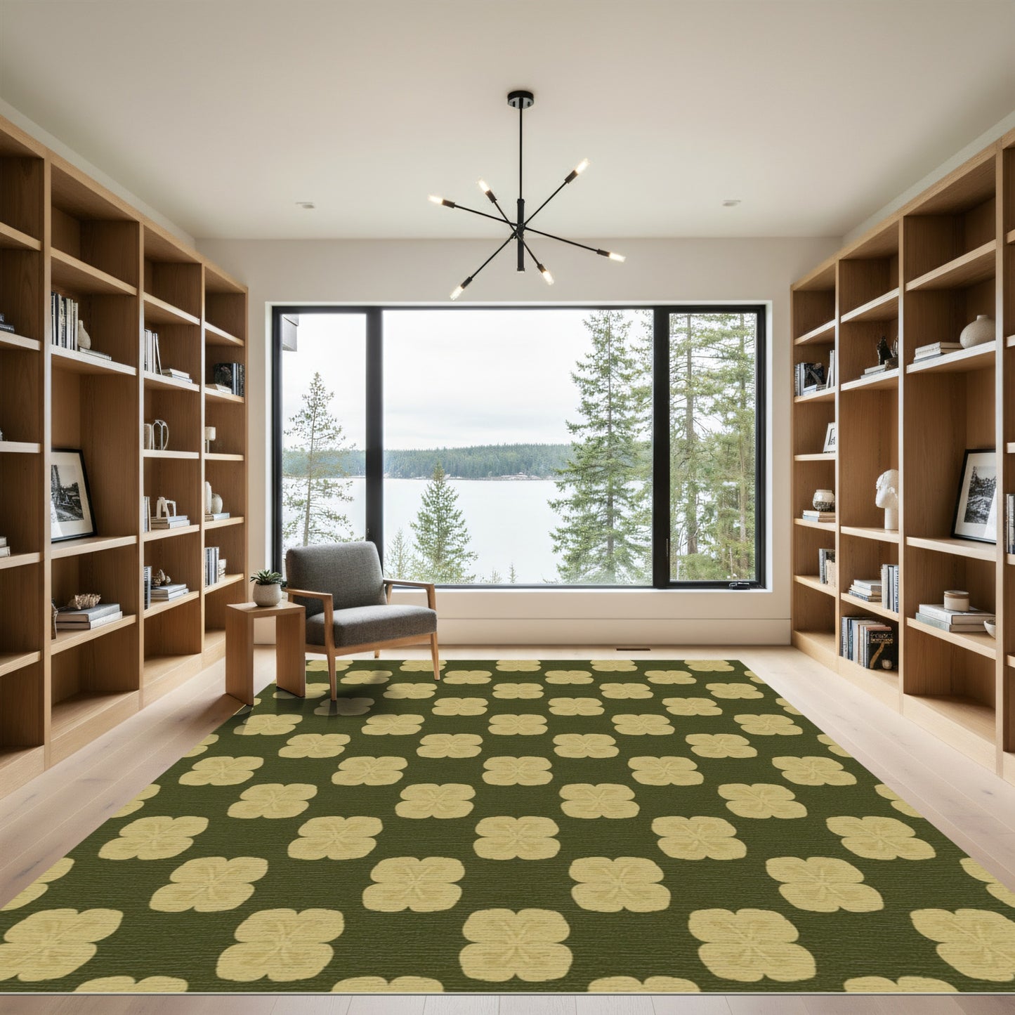 Olive Green Gold Quatrefoil Flowers Rug