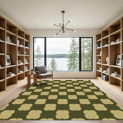 Olive Green Gold Quatrefoil Flowers Rug