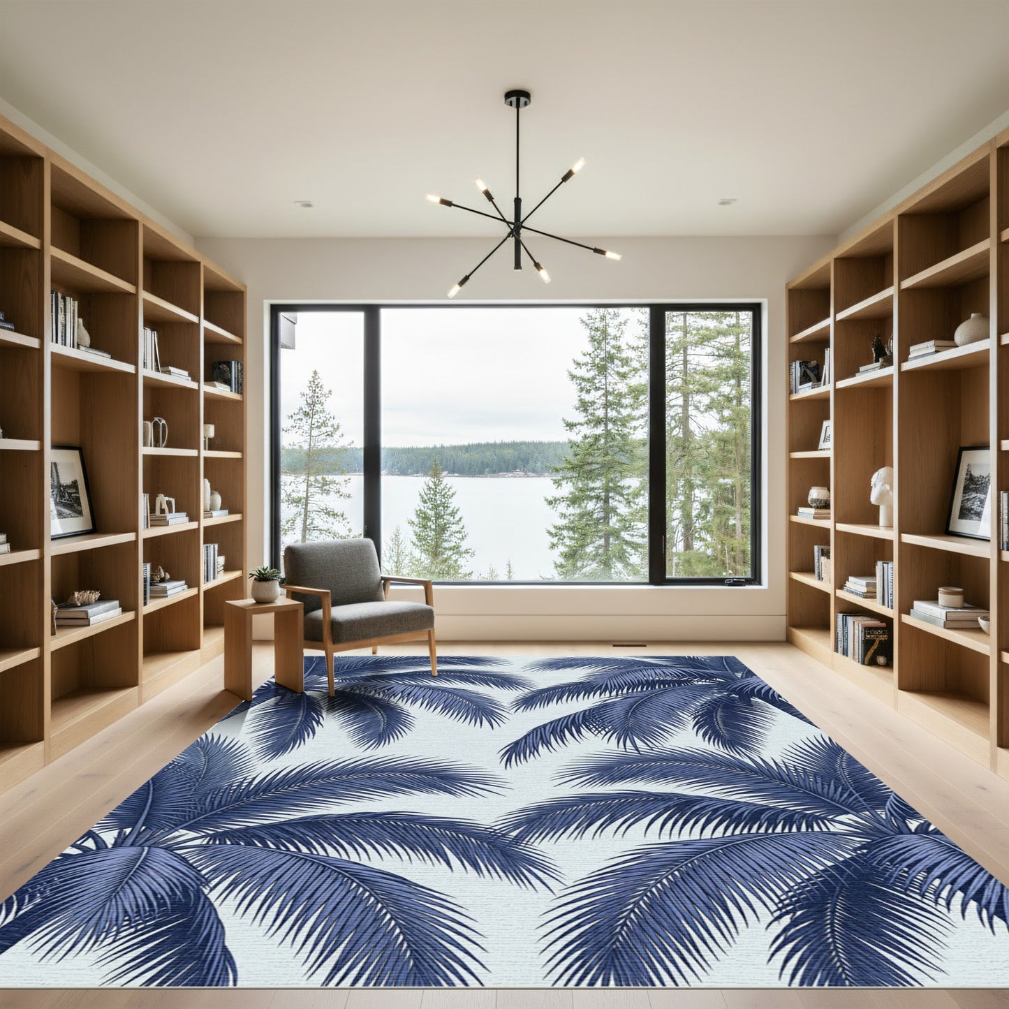 Deep Blue Palm Frond Overlay Rug