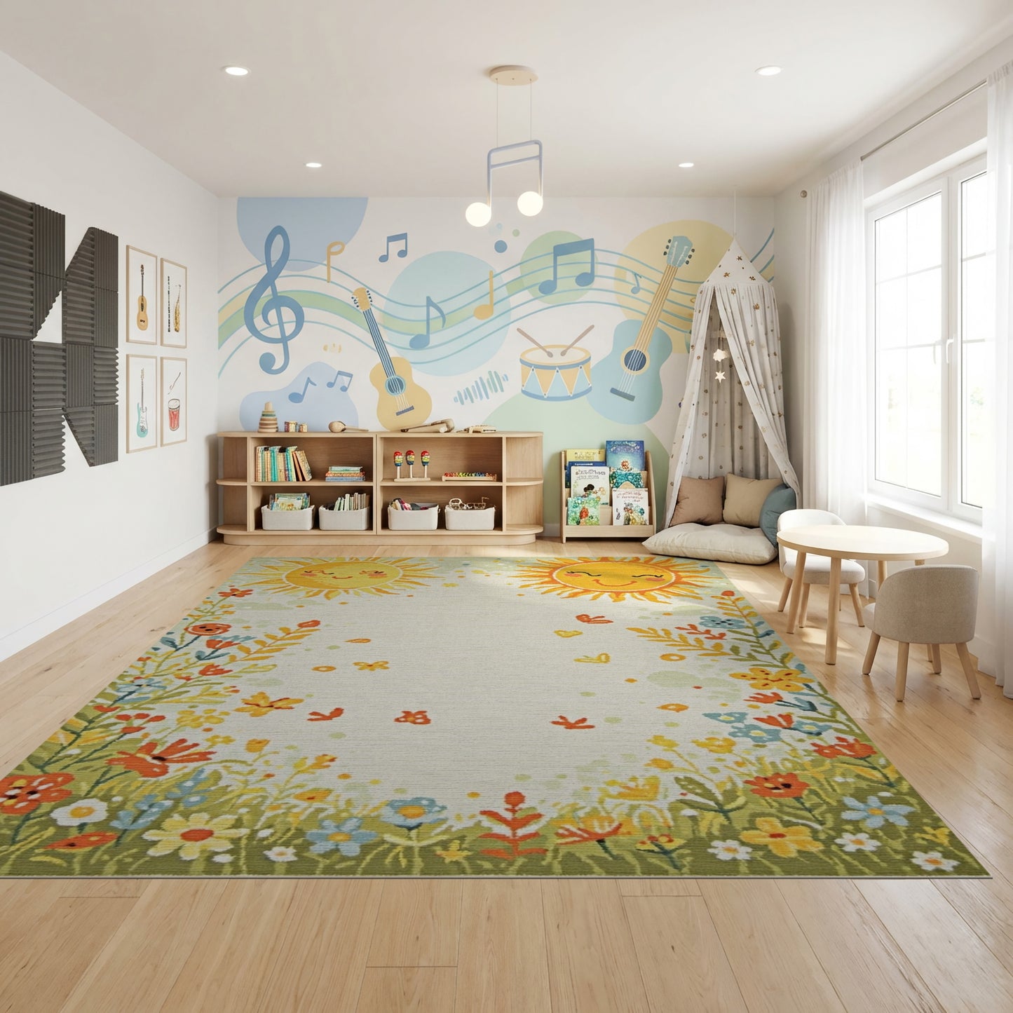 Whimsical Smiling Suns Floral Butterflies Rug
