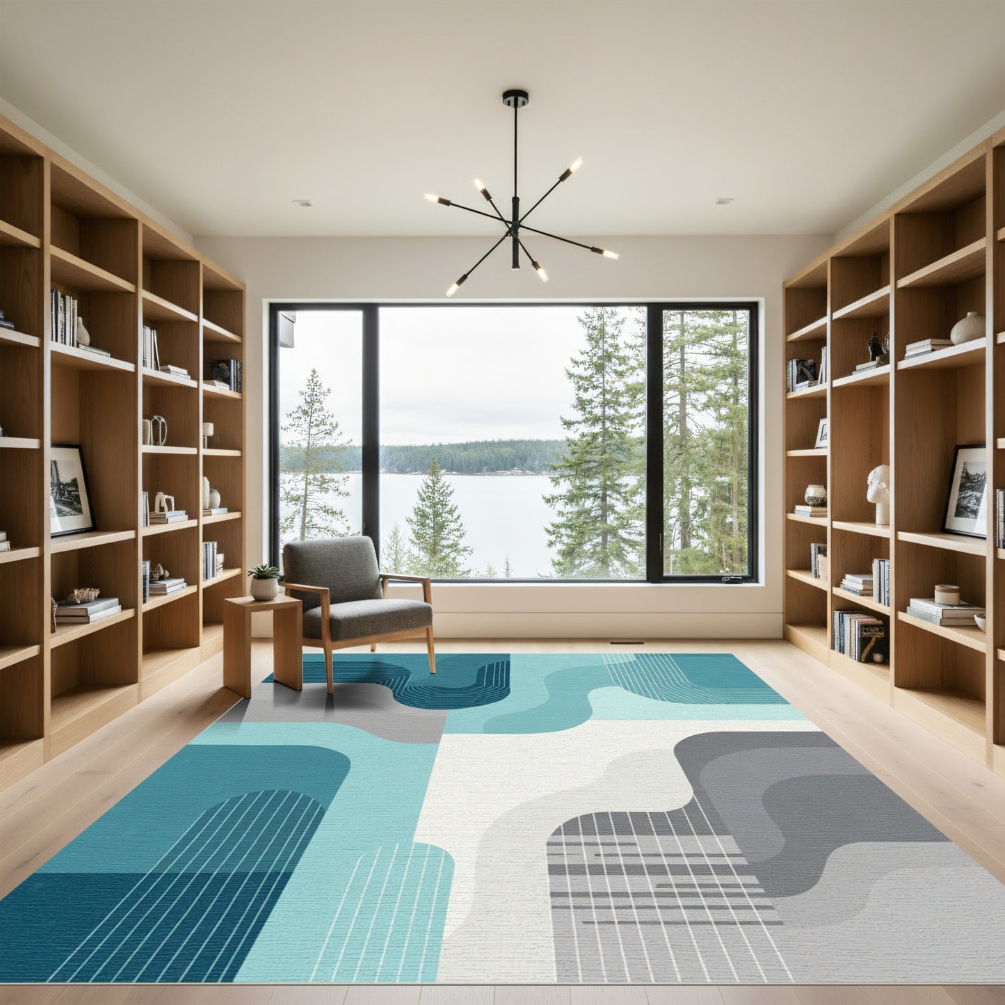 Aqua Teal Abstract Wavy Geometric Rug