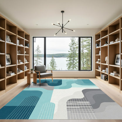 Aqua Teal Abstract Wavy Geometric Rug