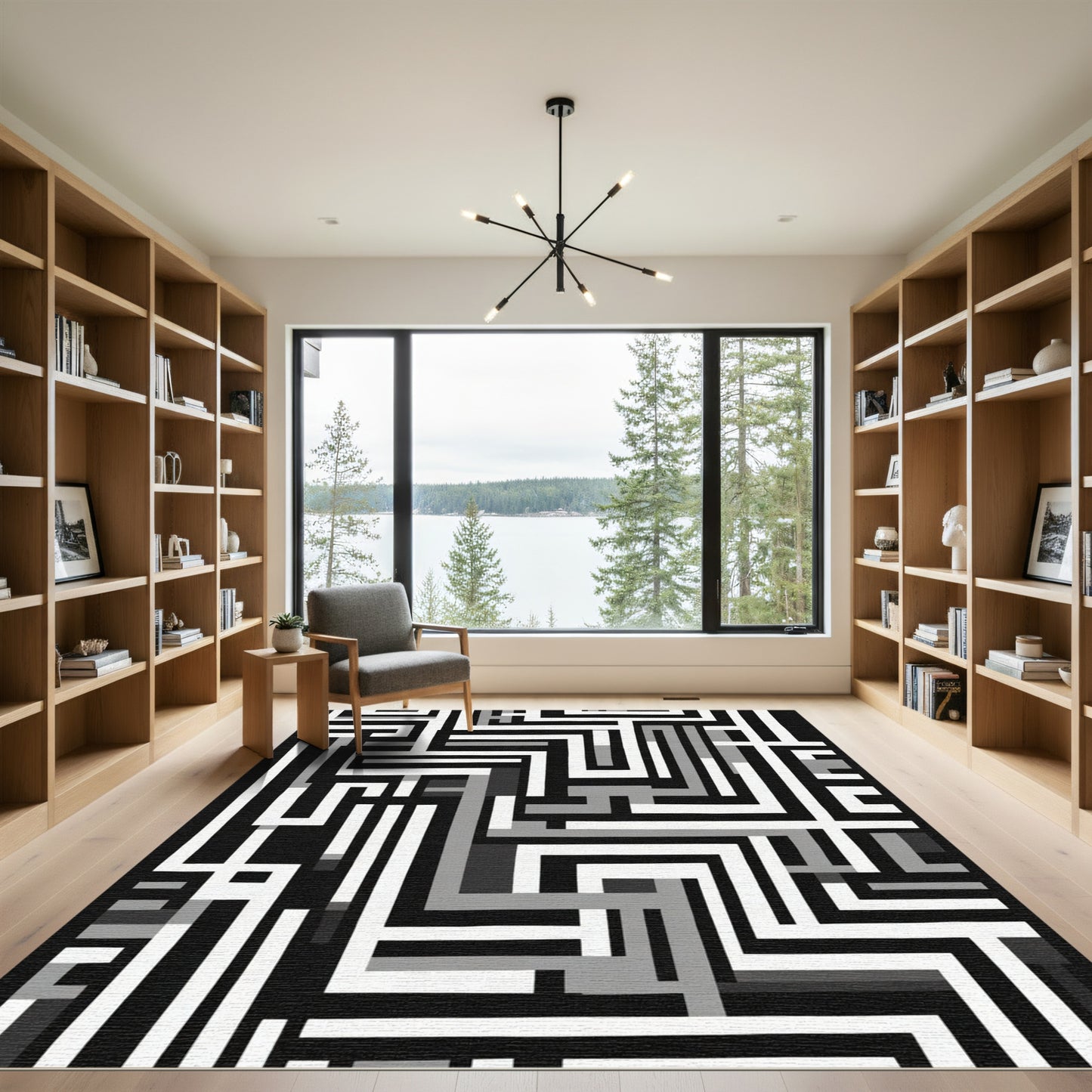 Monochrome Geometric Interlock Maze Rug
