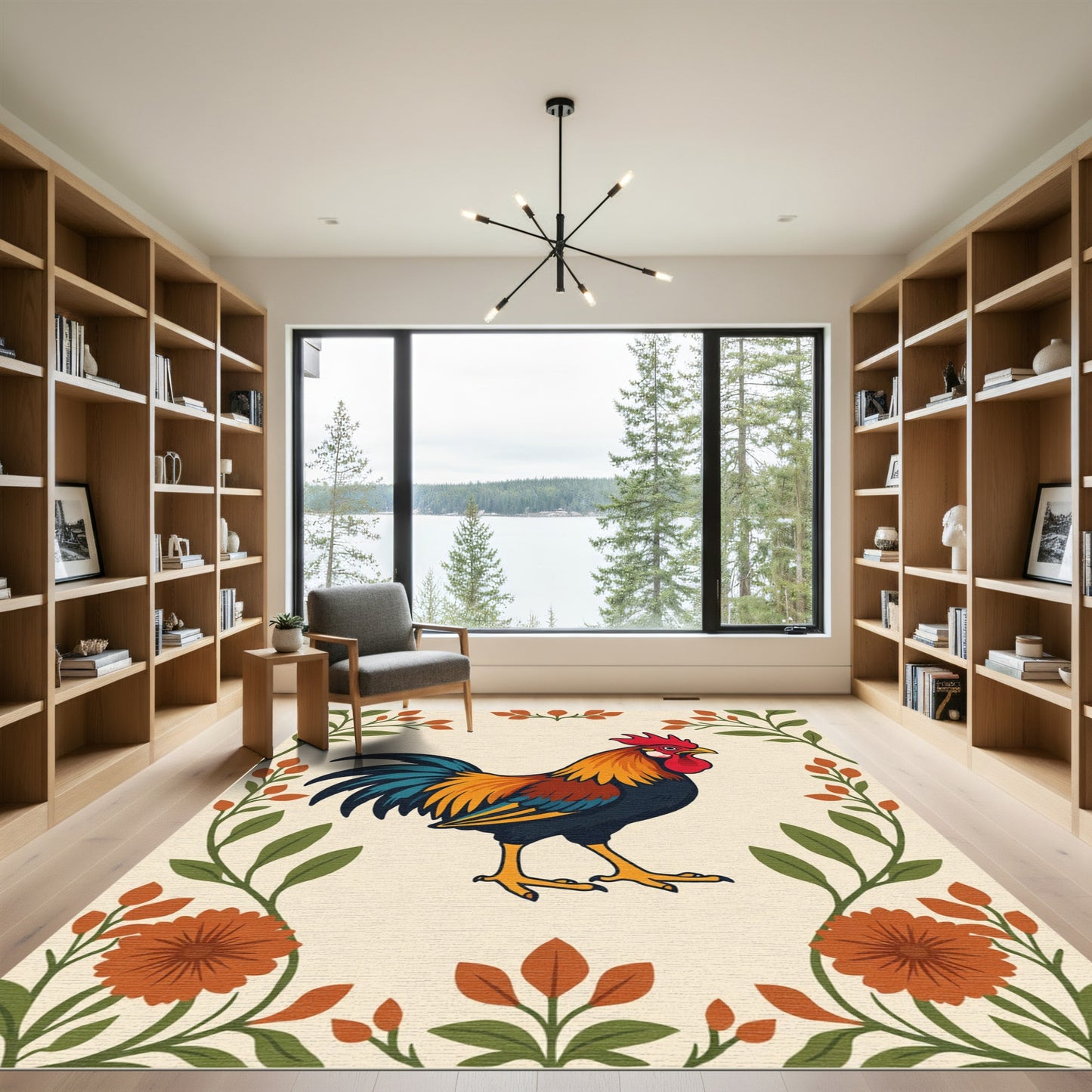 Vibrant Rooster Floral Border Rug
