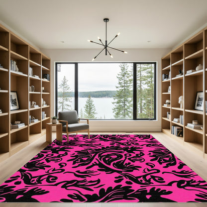 Vibrant Black Floral Swirl Background Rug