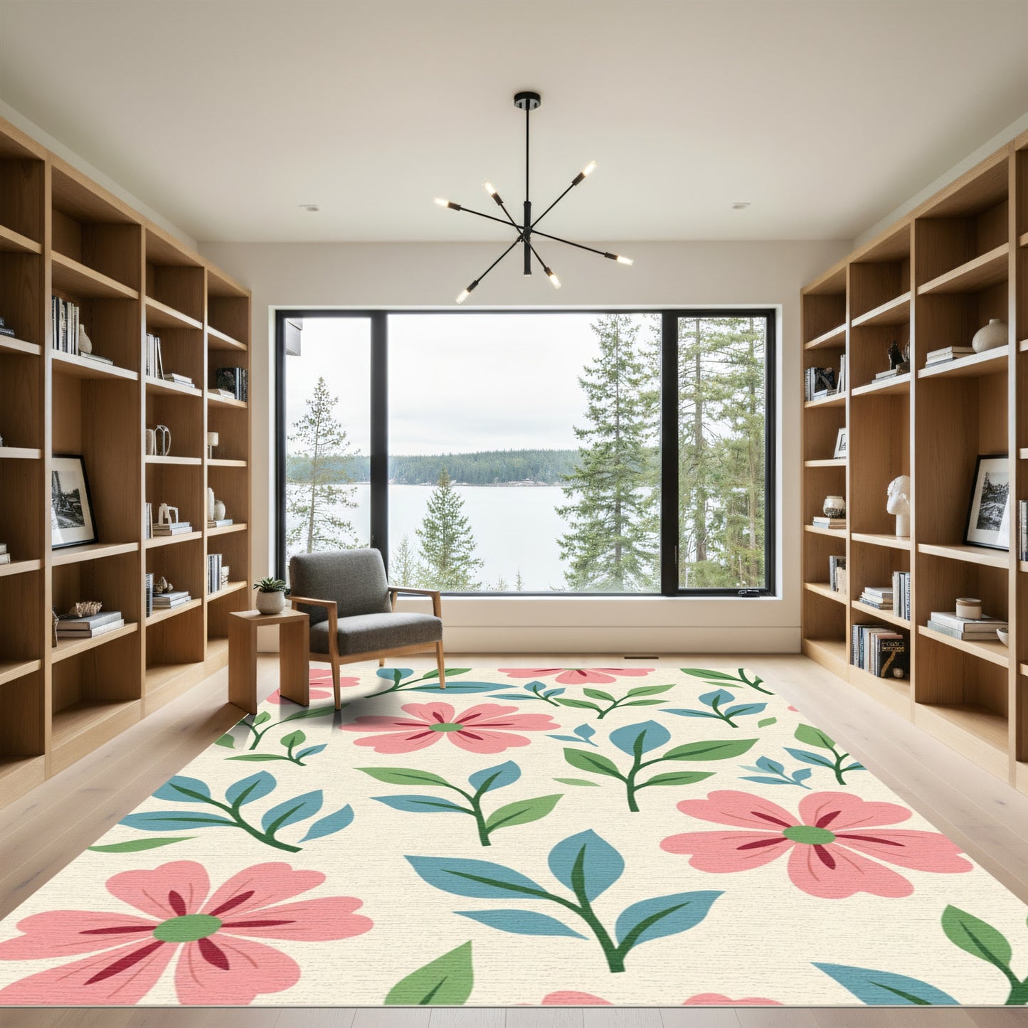 Pink Floral Green Leaf Cream Background Rug