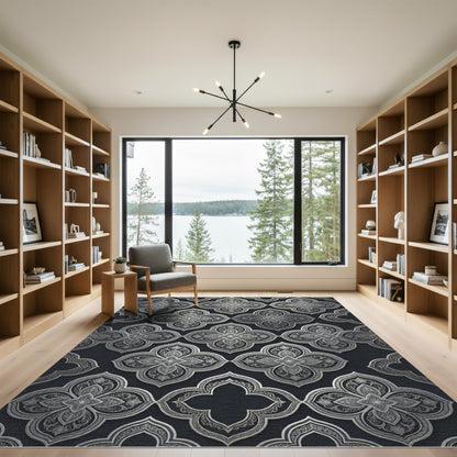 Ornate Silver Quatrefoil Arabesque Rug