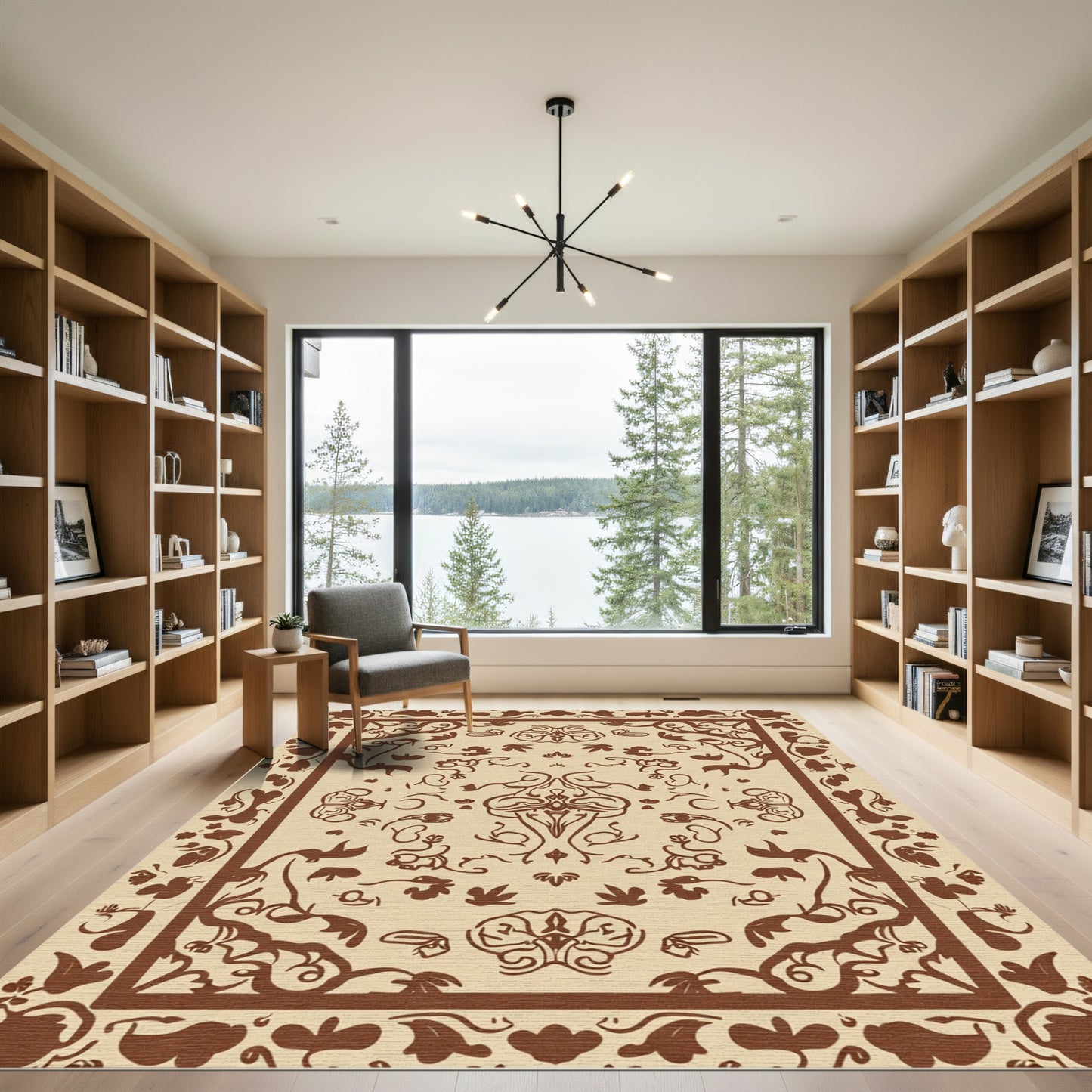 Earthy Brown Floral Vineyard Border Rug