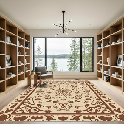 Earthy Brown Floral Vineyard Border Rug