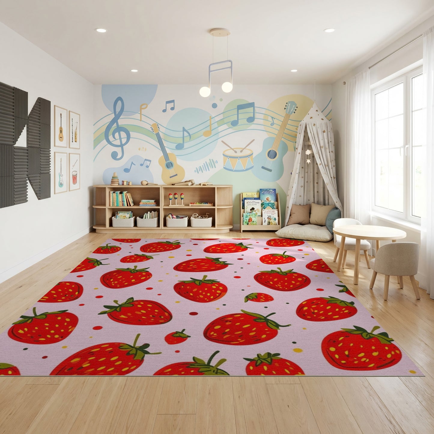 Whimsical Pink Strawberry Yellow Dots Rug