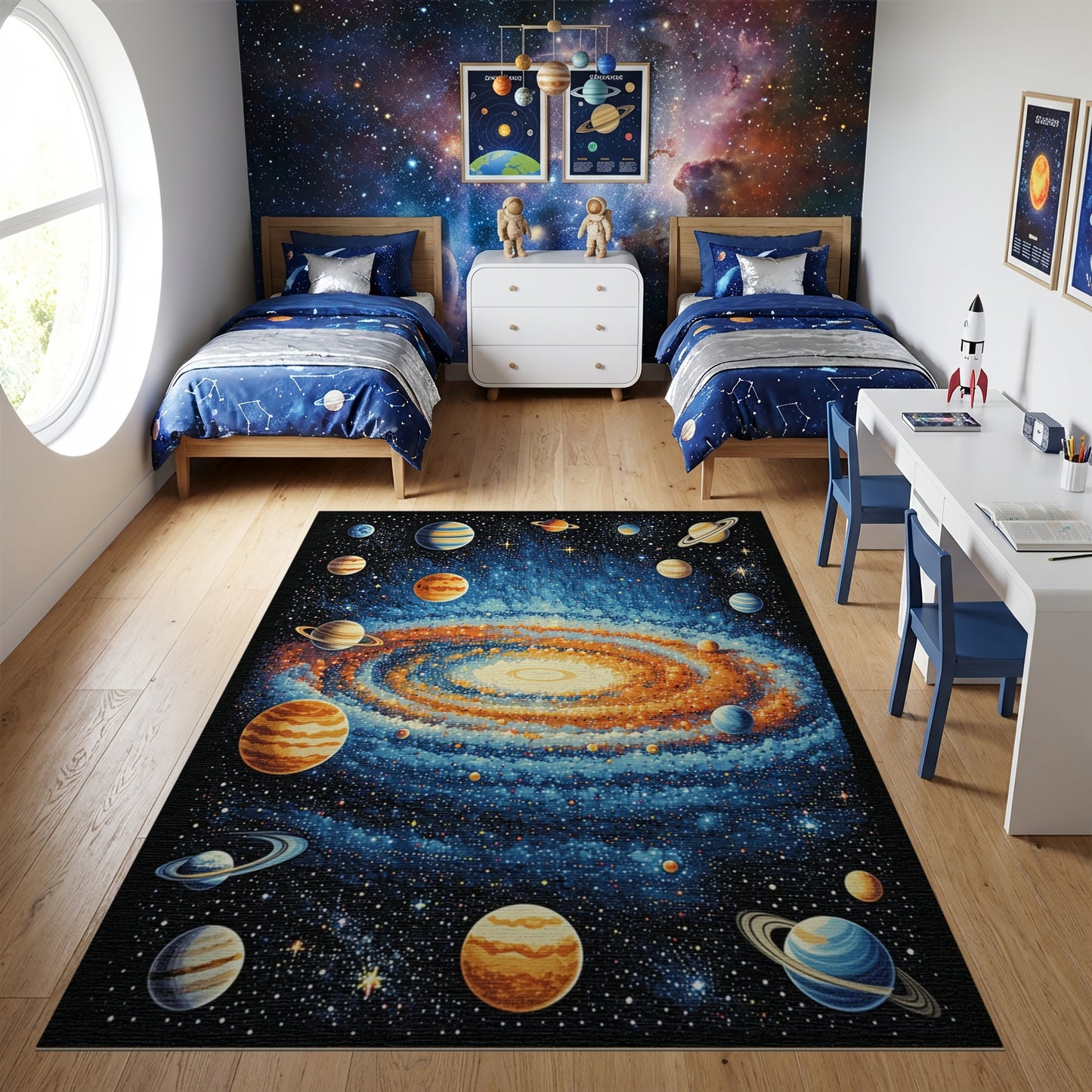 Vibrant Cosmic Spiral Galaxy Planets Rug