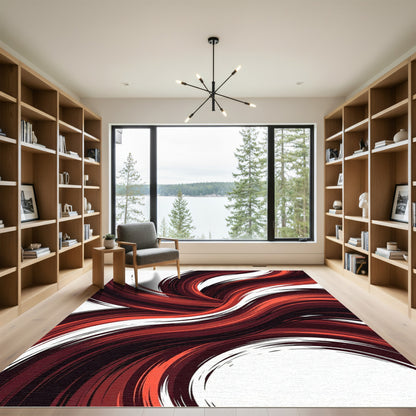 Crimson Flowing Abstract Waves Rug