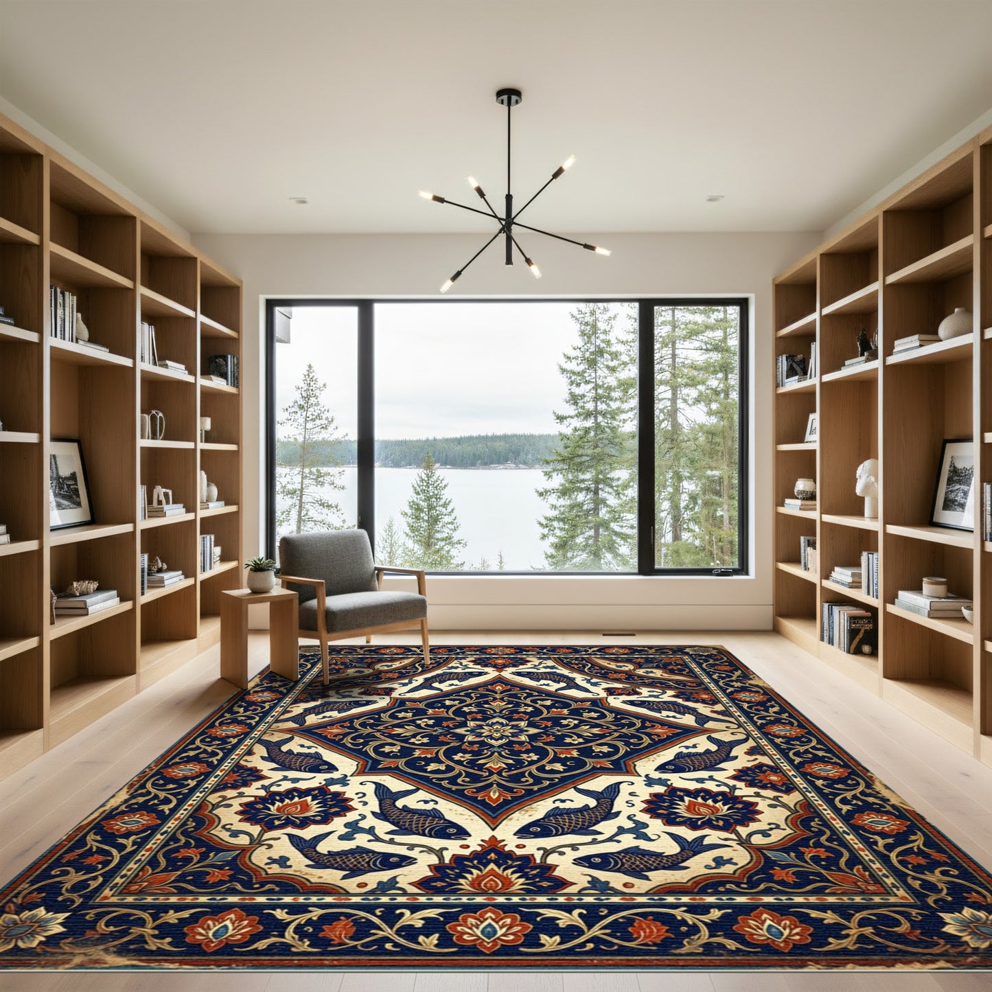 Intricate Navy Floral Koi Fish Medallion Rug