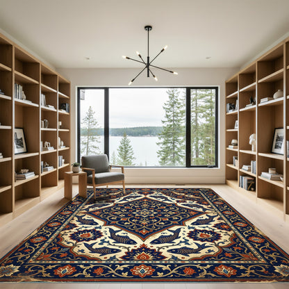Intricate Navy Floral Koi Fish Medallion Rug