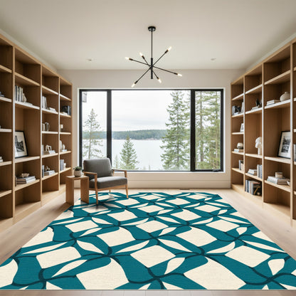 Teal Cream Abstract Interlocking Shapes Rug
