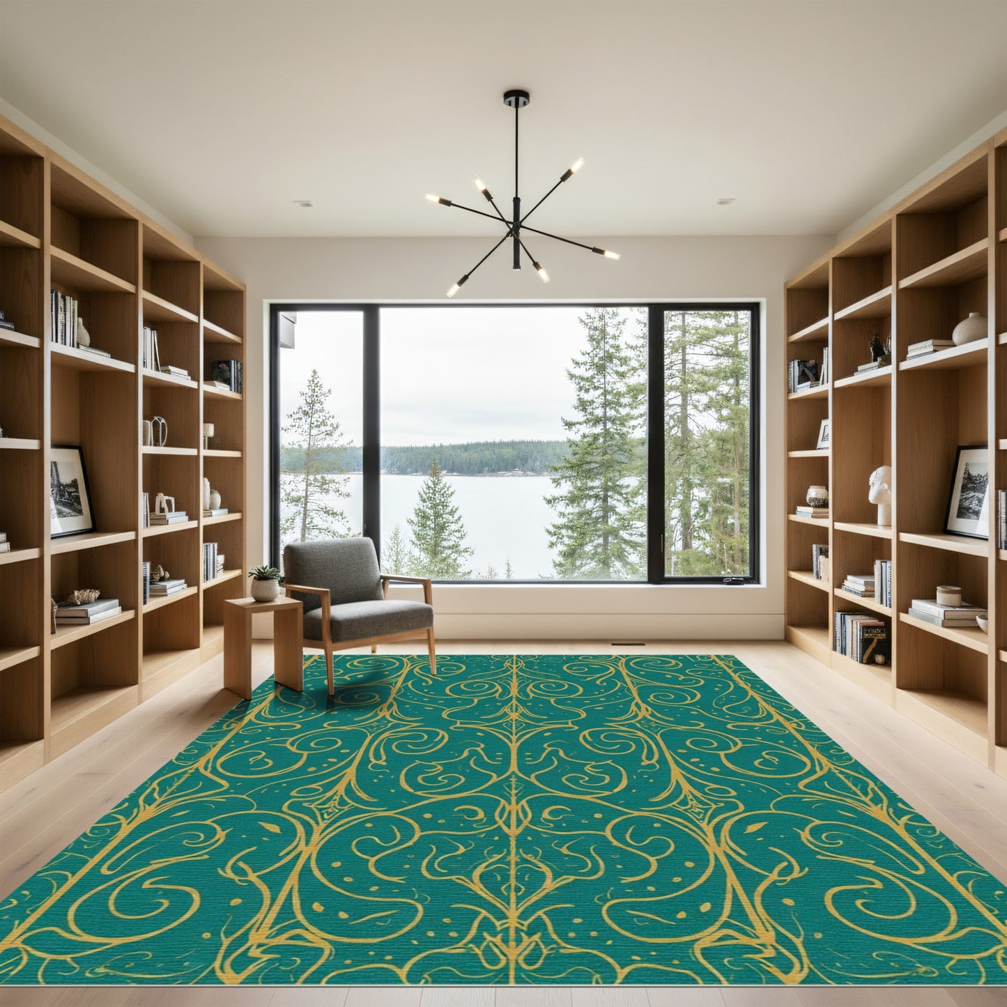 Teal Gold Art Nouveau Scroll Rug