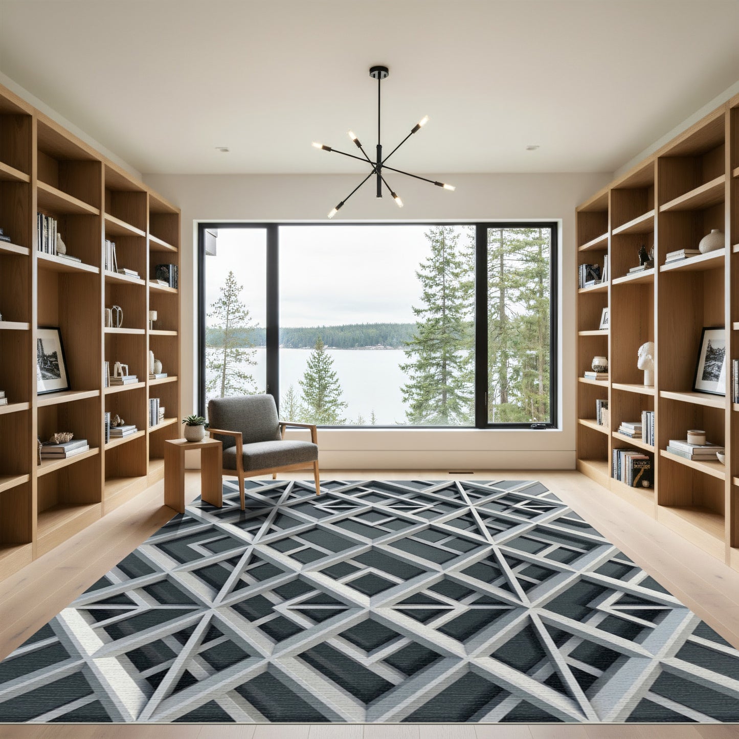 Sophisticated Slate Gray Geometric Lattice Rug