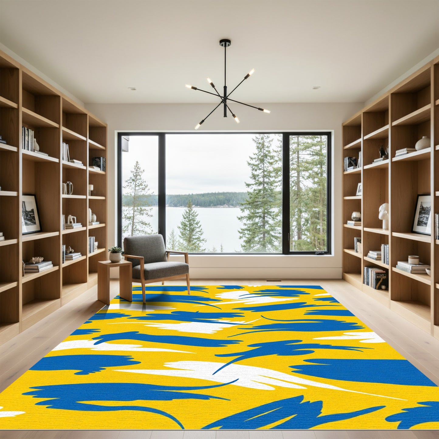 Vibrant Yellow Blue White Brushstrokes Rug