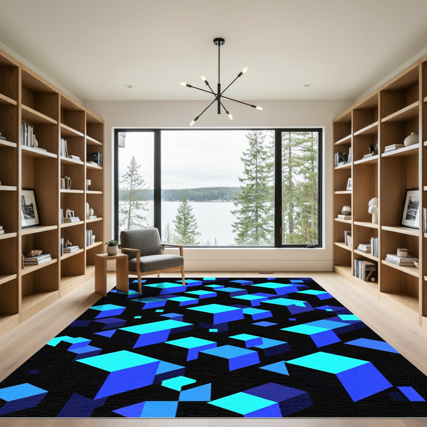 Electric Blue Geometric Floating Cubes Abstract Rug