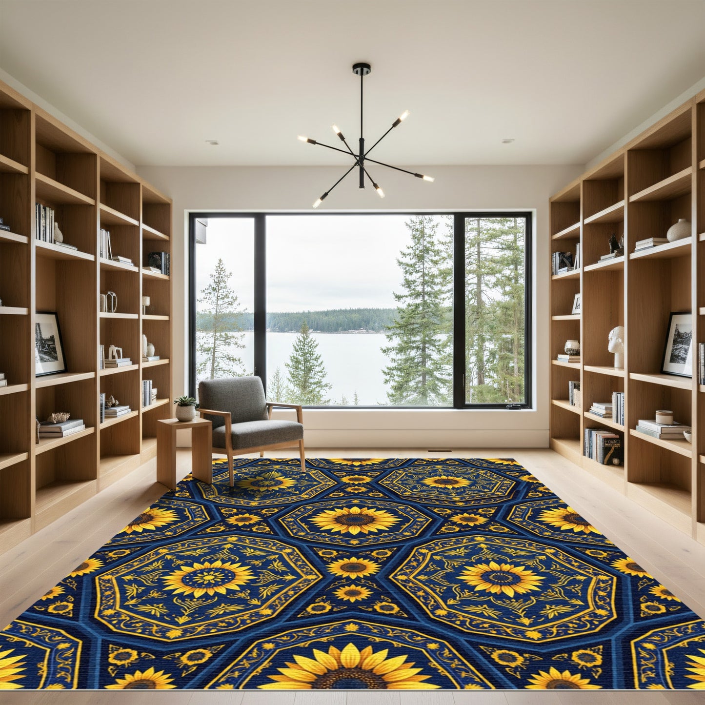 Golden Sunflowers Geometric Navy Tile Rug
