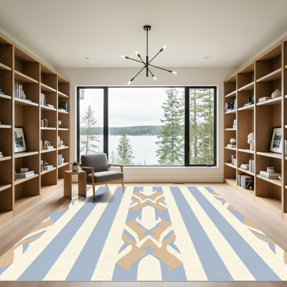 Soft Blue Beige Vertical Stripe Motif Rug