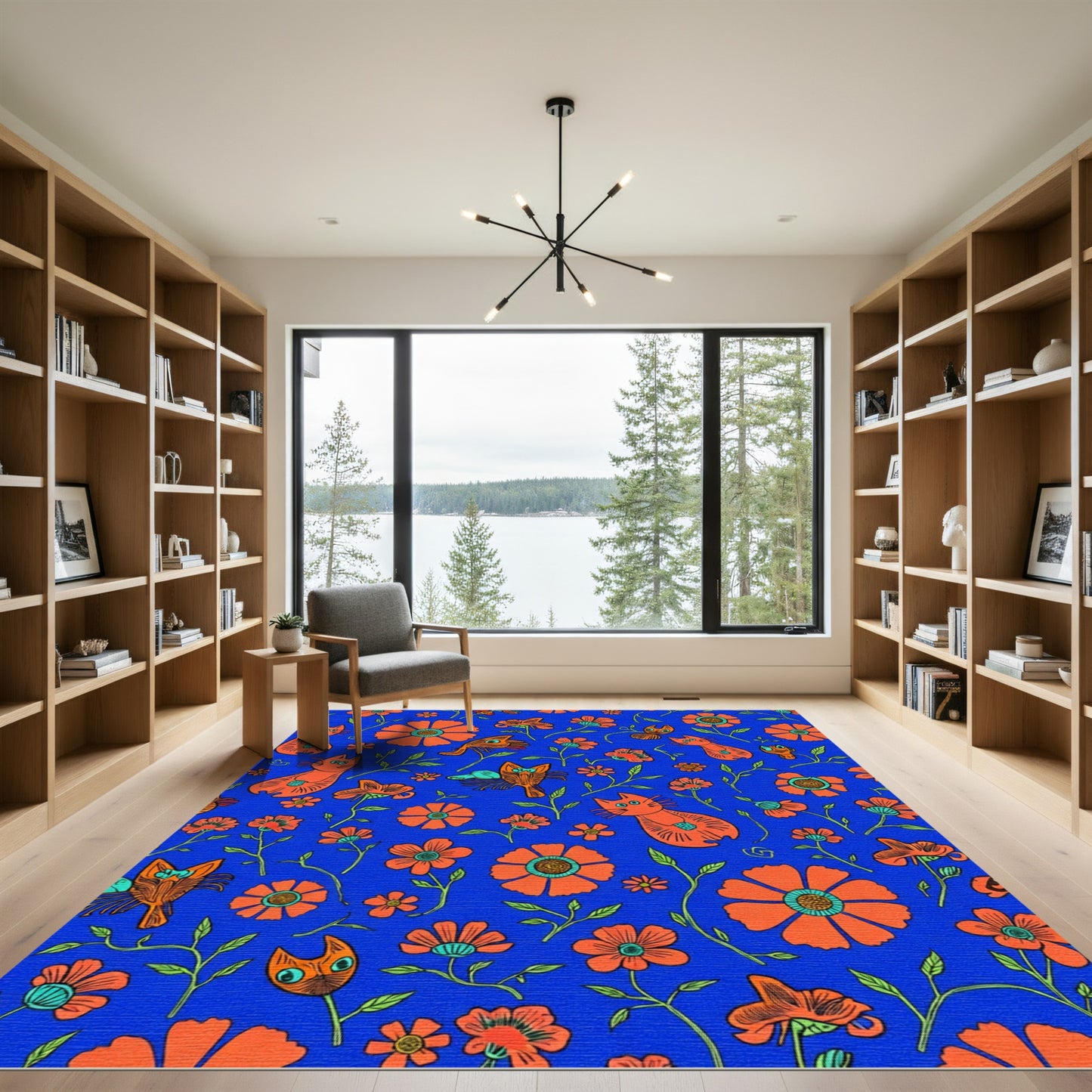 Orange Cat Floral Whimsy Blue Rug