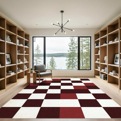 Deep Red Checkerboard Grid Rug