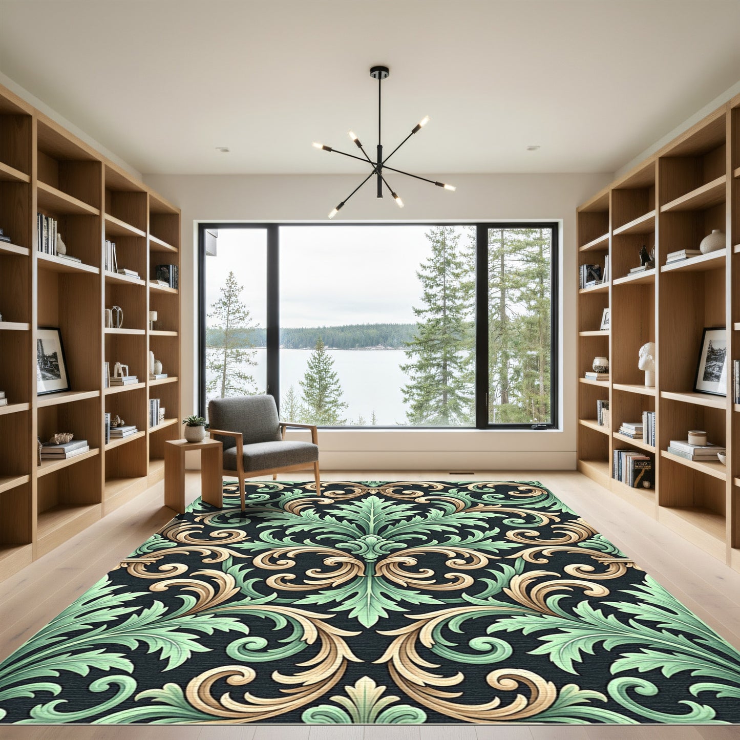 Elegant Sage Green Golden Acanthus Ornament Rug