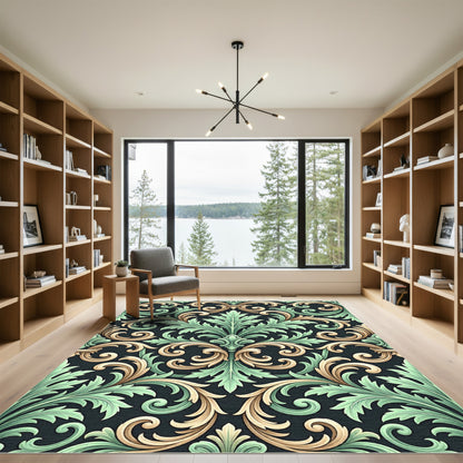Elegant Sage Green Golden Acanthus Ornament Rug