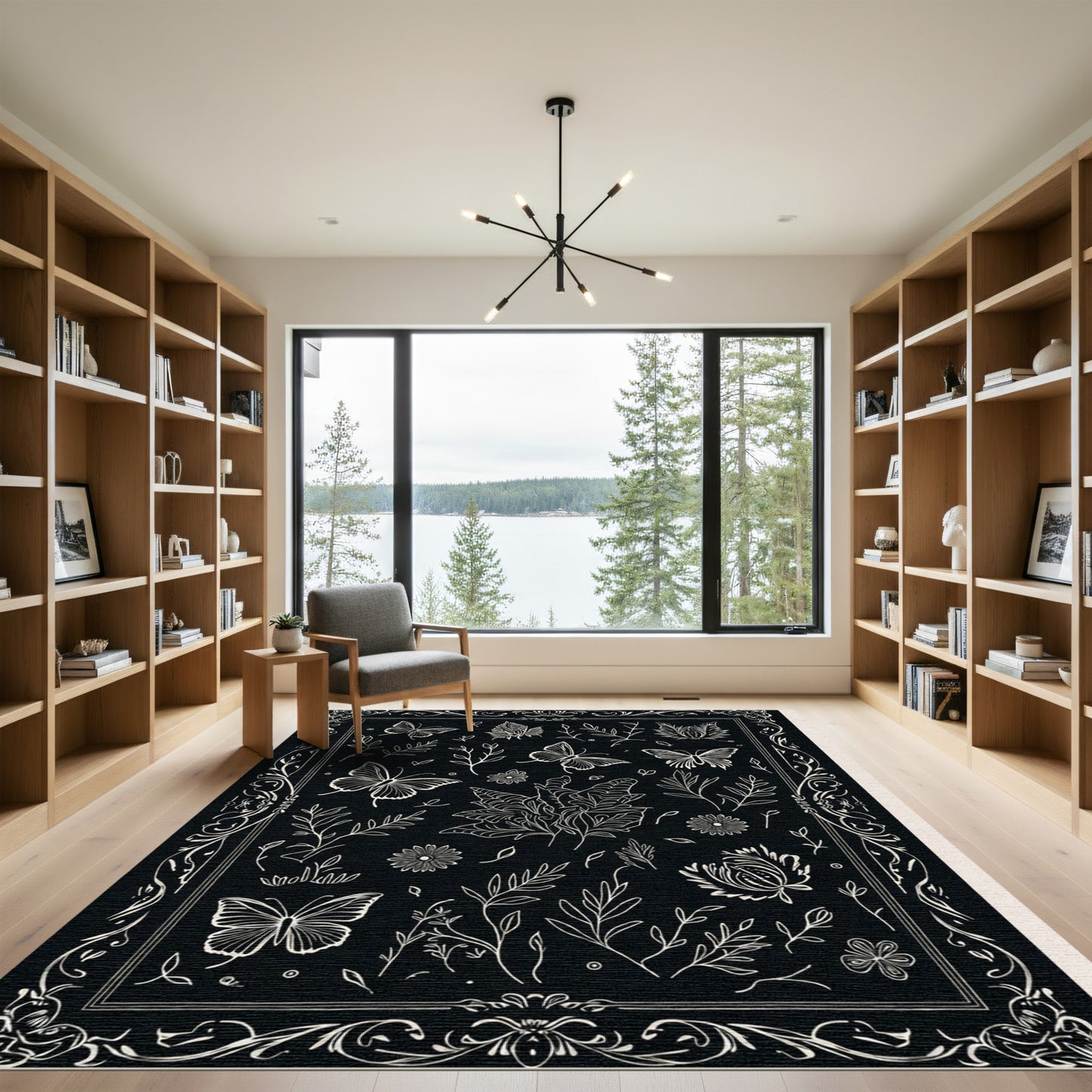 Black White Botanical Butterfly Collage Rug