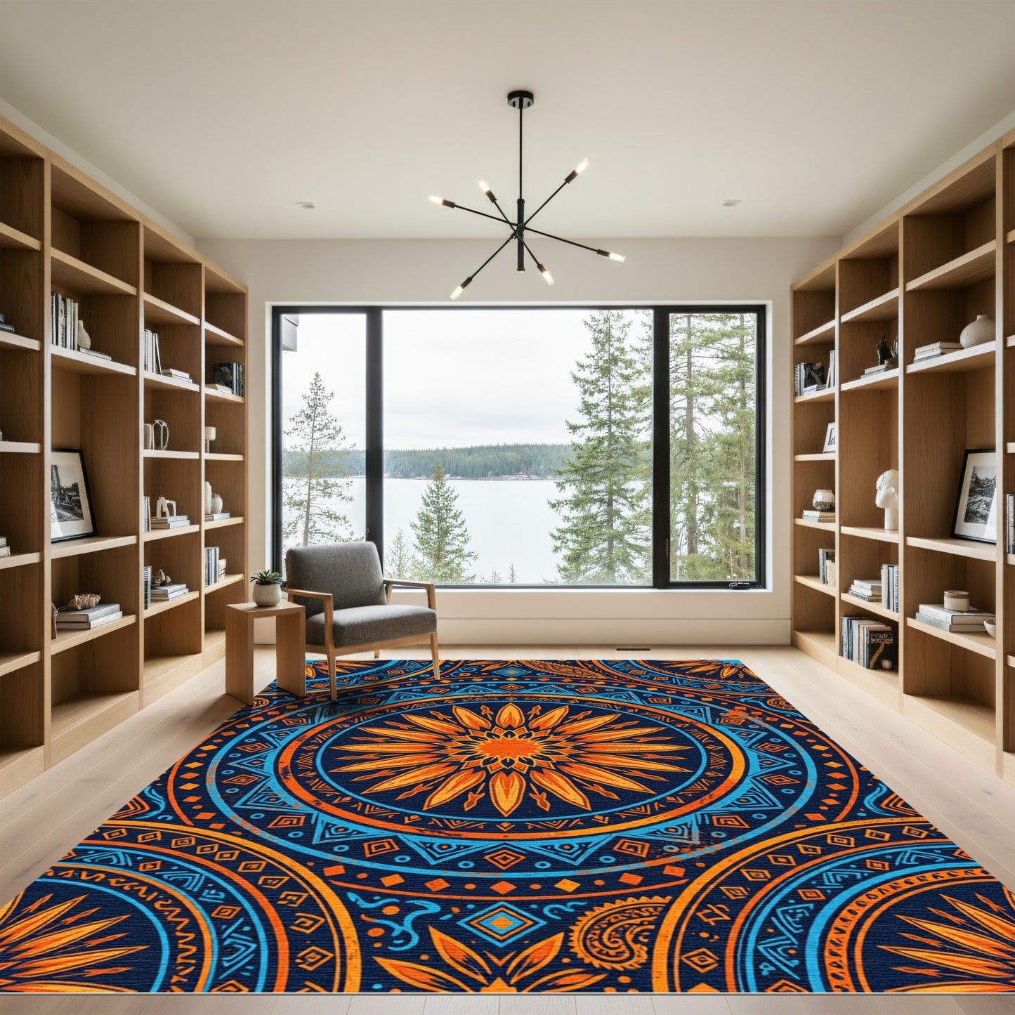Vibrant Orange Blue Sunburst Mandala Rug