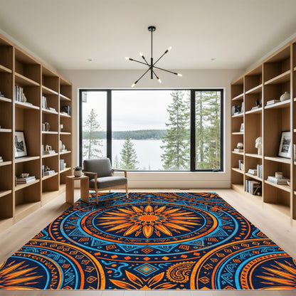Vibrant Orange Blue Sunburst Mandala Rug