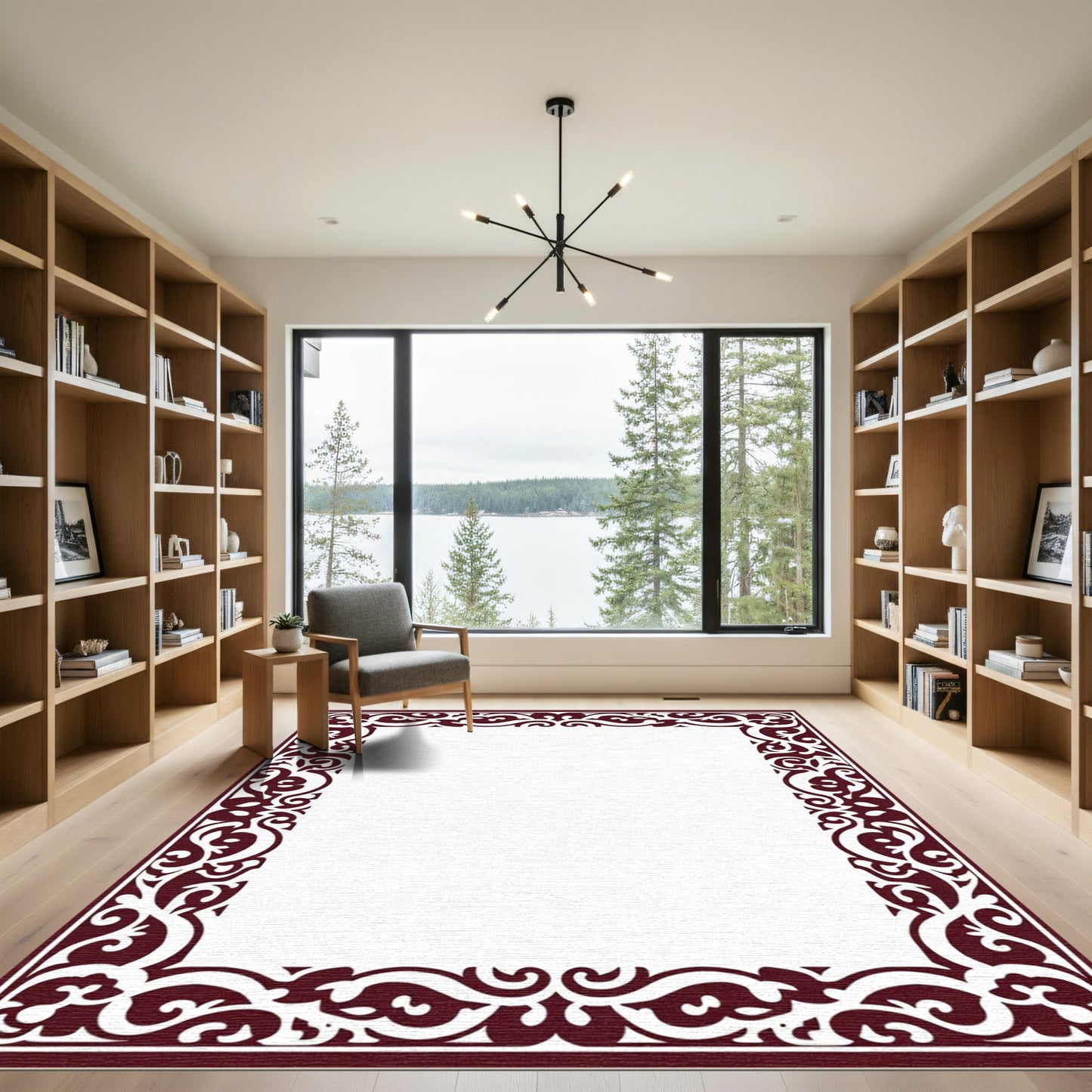 Deep Crimson Ornamental Border Rug