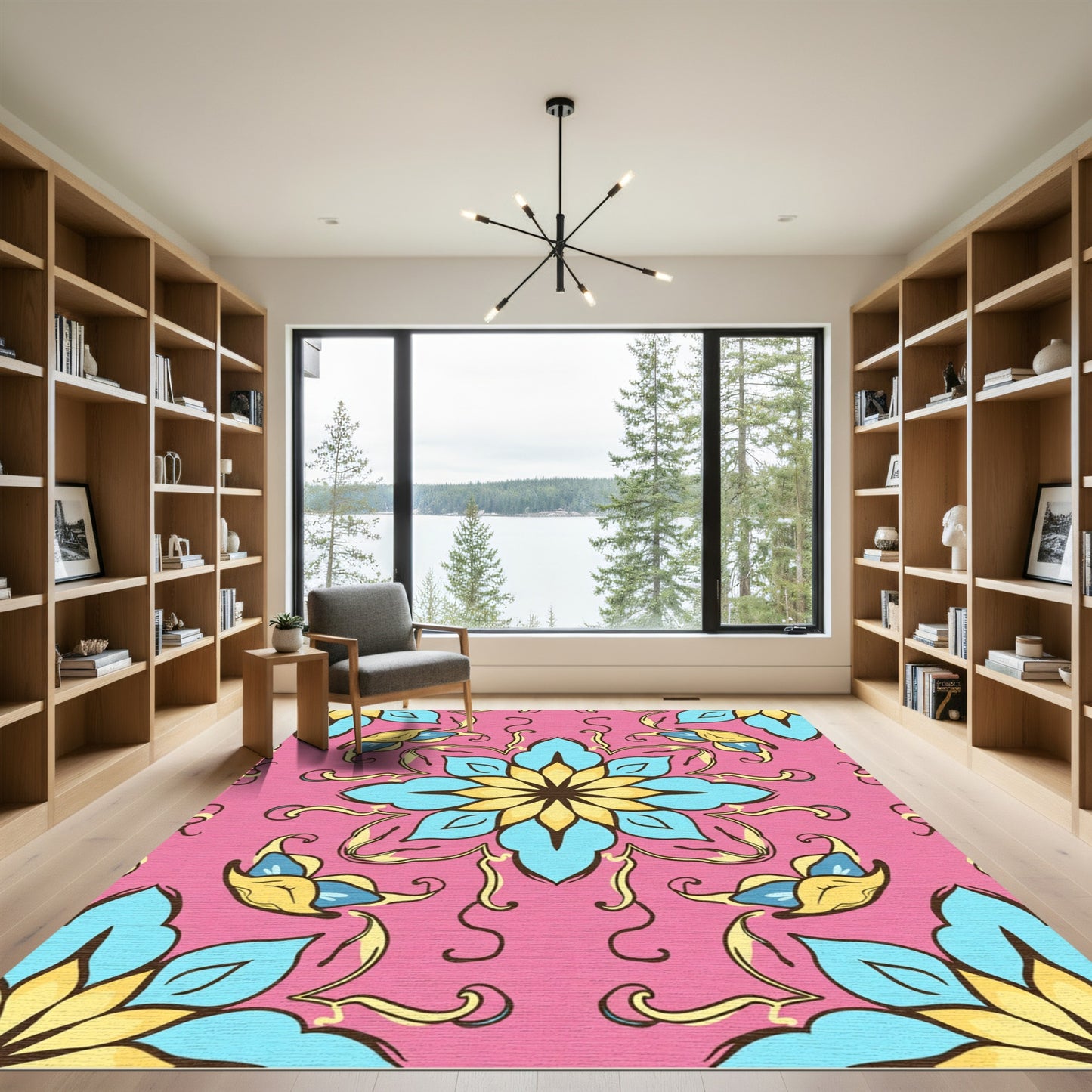 Pink Floral Medallion With Blue Yellow Accents Rug