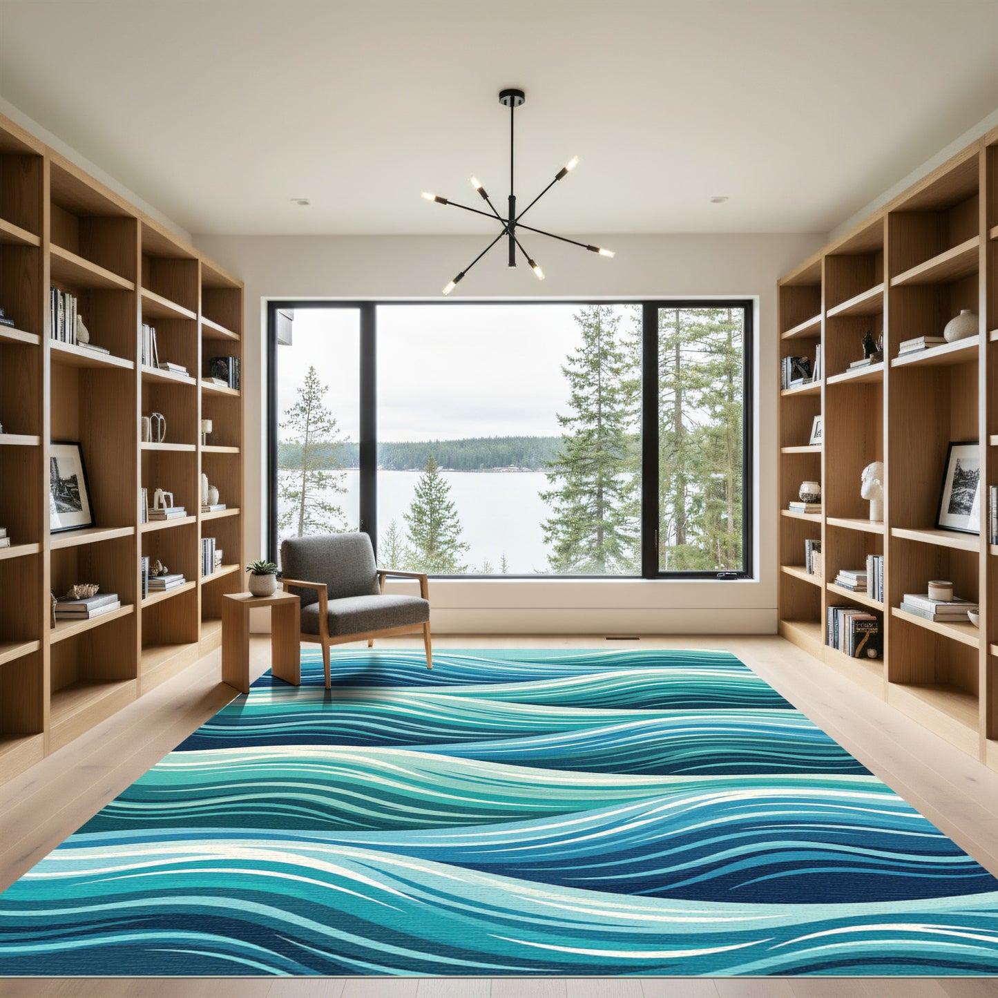 Modern Ocean Blue Wavy Wave Rug