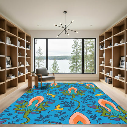 Whimsical Blue Floral Fish Motif Rug
