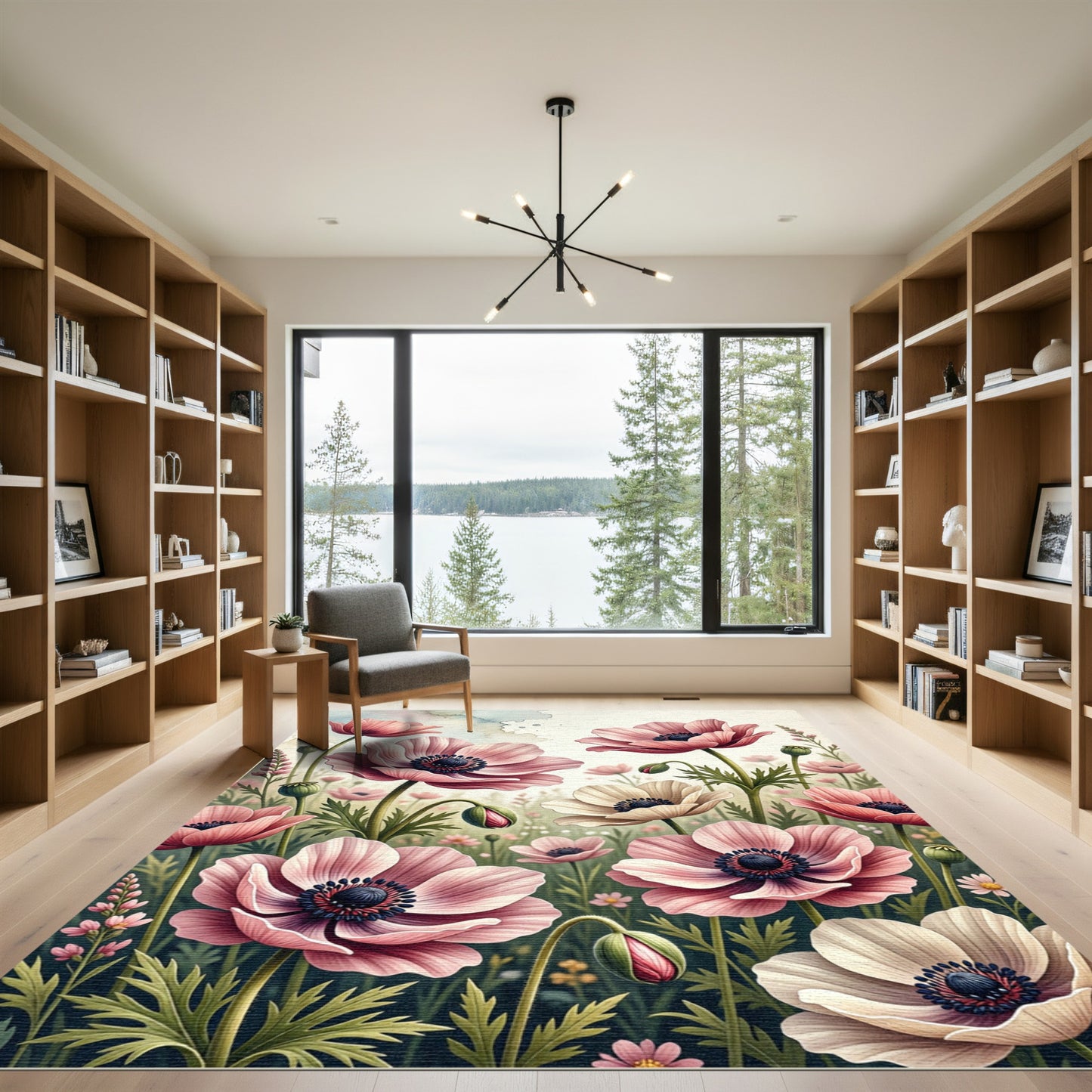 Pink Anemone Floral Watercolor Garden Rug