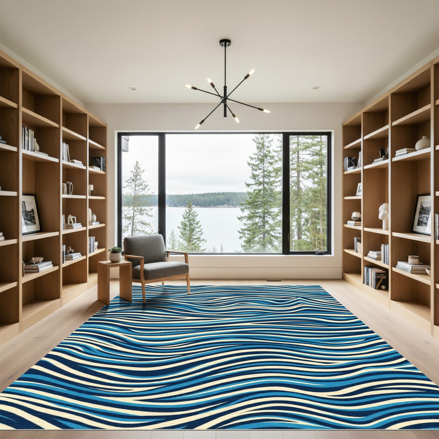 Abstract Blue Cream Curved Stripes Rug