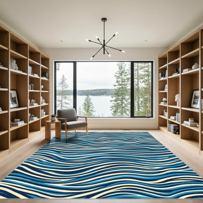 Abstract Blue Cream Curved Stripes Rug