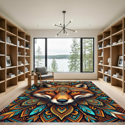 Vibrant Orange Fox Boho Feather Medallion Rug