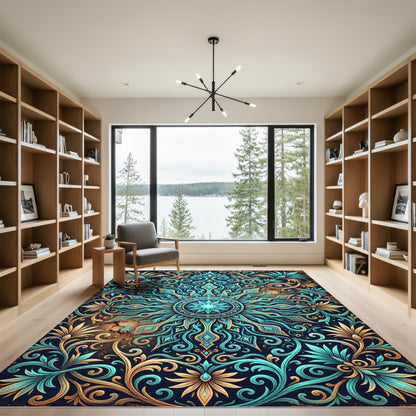 Grand Teal Gold Ornate Medallion Rug